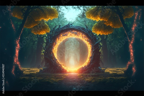 Fototapete In a dense forest, an archway leads to another dimension