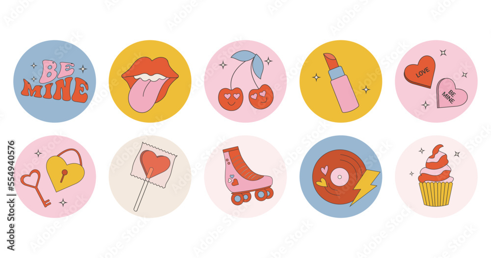 Collection of valentines day stickers in retro groovy style