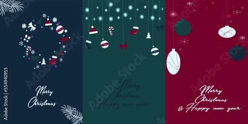 A set of greeting cards, Happy New year 2023! with a wreath of Christmas tree toys. Vector illustration