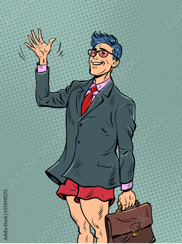 Funny pop art businessman in shorts and suit. morning, collection to the office