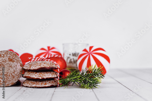 Stack of traditional German round glazed gingerbread Christmas cookie called 'Lebkuchen'