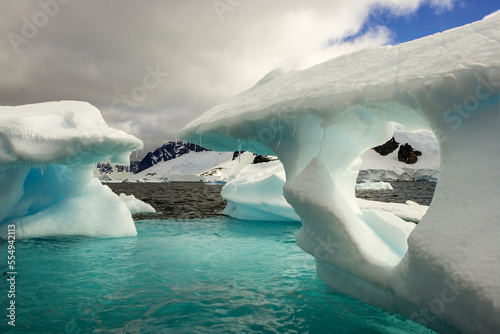 Sculpted icebergs under clouds near the shore of Couverviller Island. photo