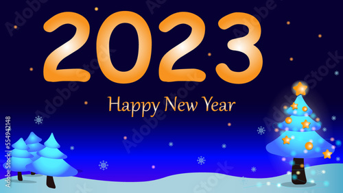 New Year's Day 2023 Background and postcard. Winter moonlit night with a Christmas tree, garlands and snowflakes. Text: Happy New Year 2023.