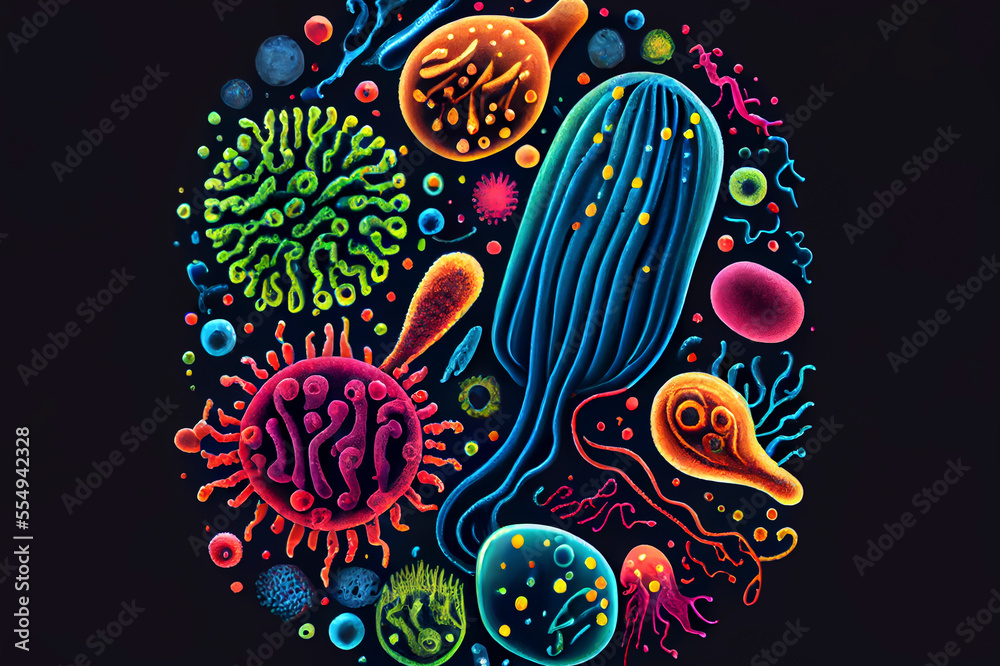 Beautiful microworld, microbes of different shapes, generative ai illustration