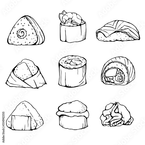 Set of japanese food in black ink style. Maki, sushi, onigiri, wasabi, saki nigiri. Transparent picture.