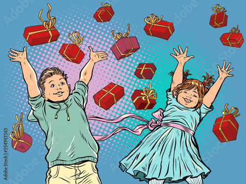 Joyful happy girl and boy. Red gift boxes. Birthday or christmas background