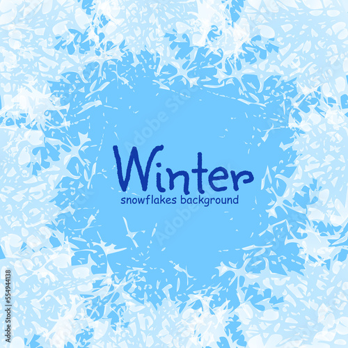 White frosted texture on freeze winter window. Ice crystals frame with frosty patterns. Design vector illustration