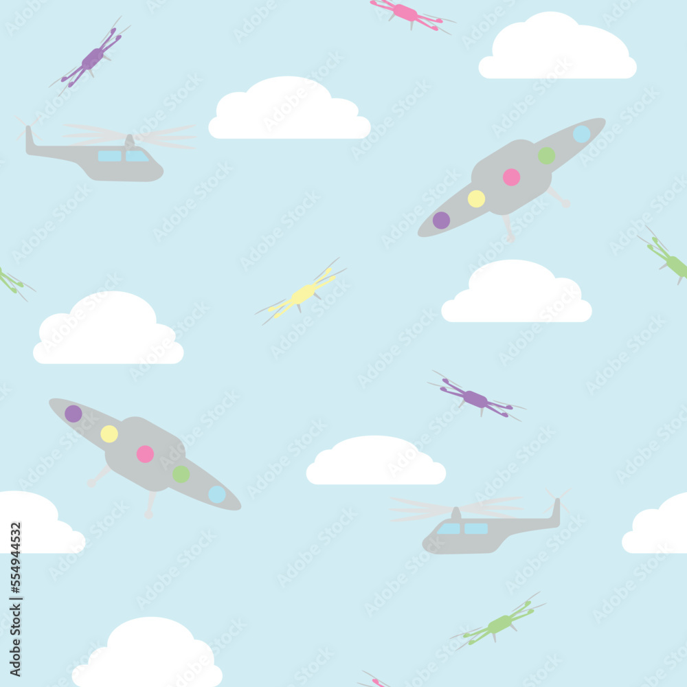 Helicopters, flying saucers, and drones among the clouds, childish seamless pattern Helicopters, flying saucers, and drones among the clouds, childish seamless pattern