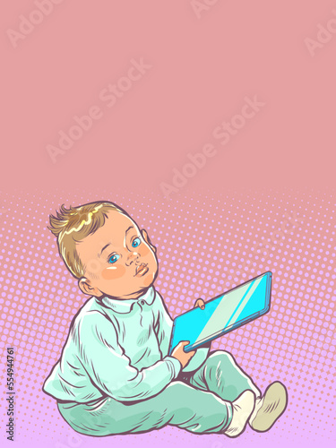 kid and electronic tablet, small child with gadget. Internet and new technologies. Applications for children