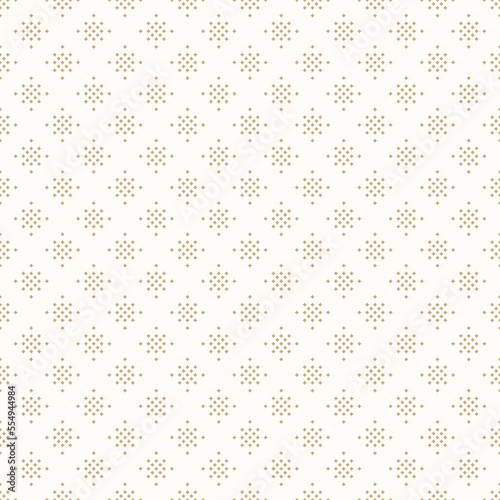 Golden vector seamless pattern with small diamond shapes, stars, rhombuses, dots. Abstract gold and white geometric texture. Simple minimal elegant background. Luxury repeat design for decor, cover