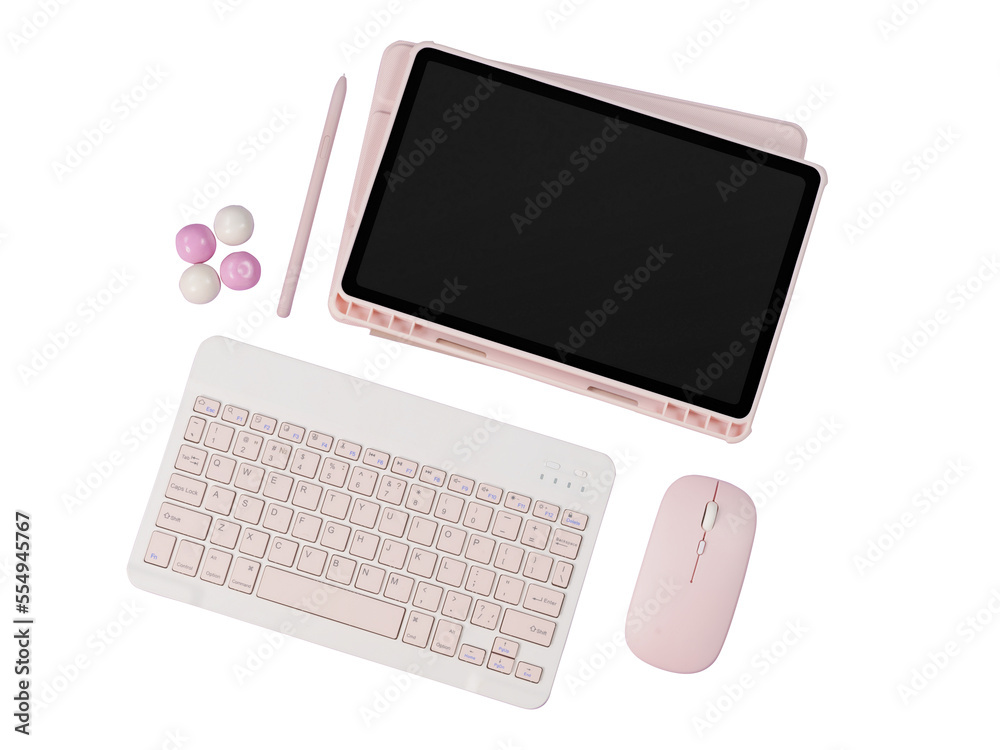 Pink tablet with keyboard, mouse and pen on a purple background. Flat lay. Png with transparency