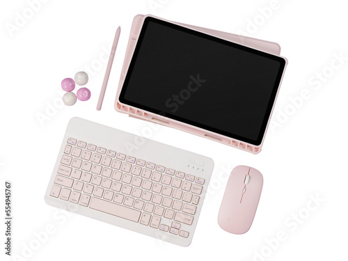 Obraz na płótnie Pink tablet with keyboard, mouse and pen on a purple background. Flat lay. Png with transparency w salonie