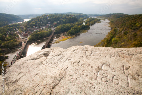 Civil War era grafitti on a rock above Harpers Ferry, West Virginia.; Harpers Ferry, West Virginia. photo
