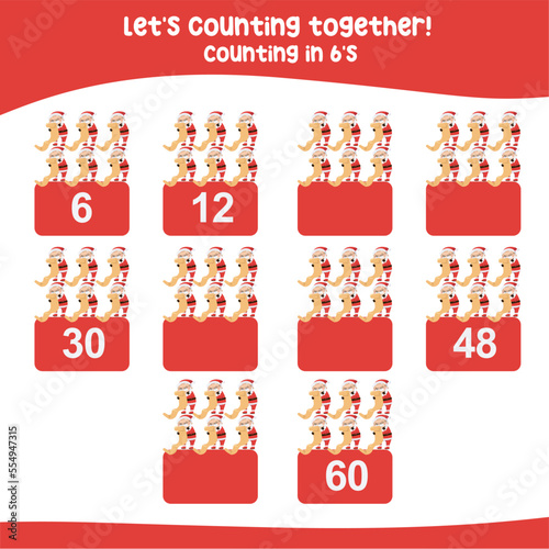 Counting by six's the Christmas elements. practising math in multiple of 6s activity worksheet for kids. Write the missing numbers. Counting the multiple numbers.