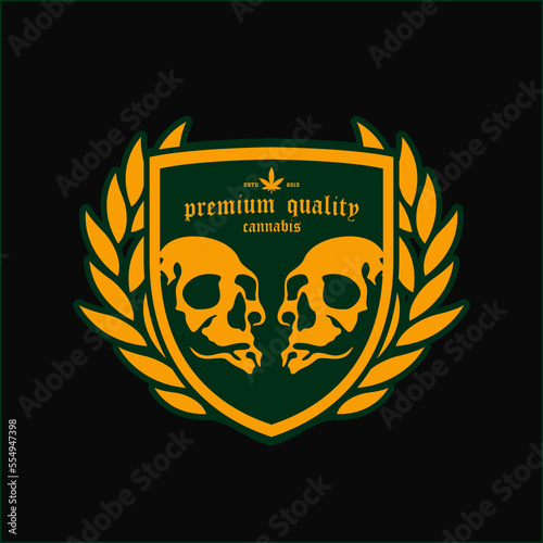 vintage retro elegant luxury of twin double duo skulls head mascot character and cannabis with shield stamp and ribbon decoration suitable for natural organic cannabis farm cultivation logo design