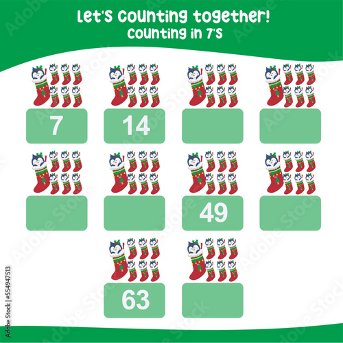 Counting by seven's the Christmas elements. practising math in multiple of 7s activity worksheet for kids. Write the missing numbers. Multiple by 7s