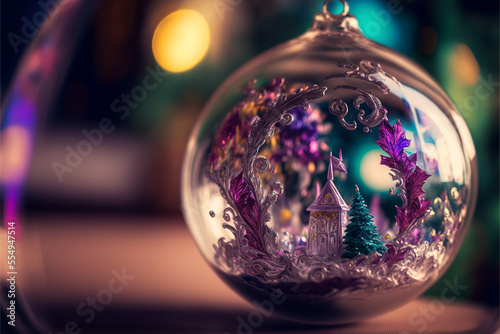 Close up Christmas ornament microworld inside spun glass hanging from Christmas tree, purple rococo wonderland background,generative ai.