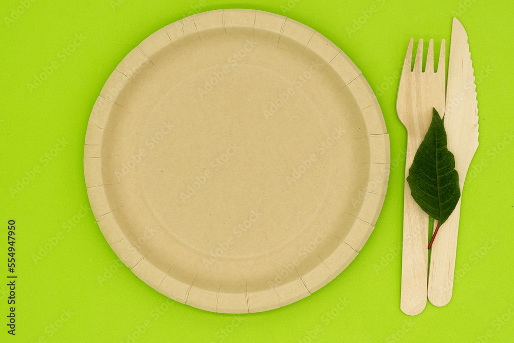 Ecological plates, fork, knife and glass, ecofriendly, composting