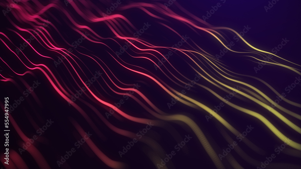 Futuristic musical wave of red and yellow lines. Digital data flow. The concept of big data. Network connection. Cybernetics and technology. Abstract dark background. 3d rendering.