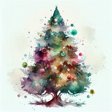 Watercolor abstract Christmas tree with decorations 