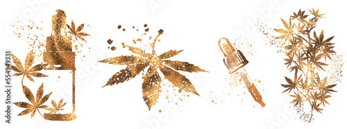 Golden design - hemp leaves. Hand drawn. Different glass bottles with CBD oil, hemp oil and hemp seeds. Cosmetics CBD oil for health.