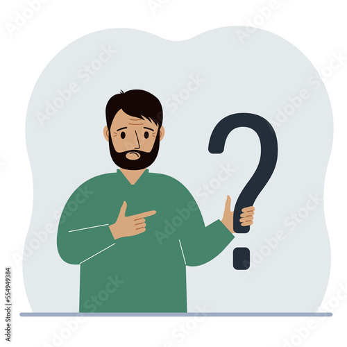A man is holding a question mark symbol. Ask questions and look for answers. FAQ or frequently asked questions concept, online support center.