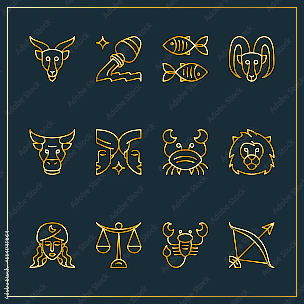 Obraz premium Zodiac horoscope astrological thin line label linear design esoteric stylized elements symbols signs. Vector illustration icons