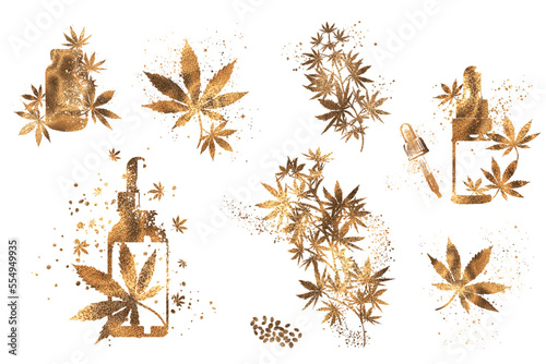 Golden design - hemp leaves. Hand drawn. Different glass bottles with CBD oil, hemp oil and hemp seeds. Cosmetics CBD oil for health.