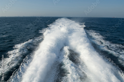 Boat wake trailing a ferry from Long Beach to Catalina Island in the Pacific Ocean, California, USA; Catalina, California, United States of America