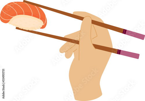 Cartoon hand holds chopsticks with salmon sushi. Japanese cuisine, traditional food isolated on white background