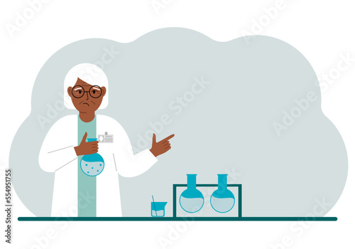 Old female scientist with flasks. Experimental scientist, laboratory assistant, biochemistry, chemical, scientific research.