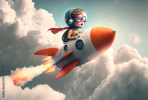 Small child flying in his space rocket, Generative AI illustration