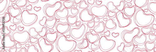 Seamless abstract hand-drawn pattern on white. Doodle pink hearts. Vector illustration in sketch style. Cute endless texture for kids design, Valentine's Day decor, wallpaper, wrapper or fabrics. 
