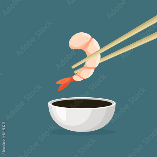 Shrimp icon. Chopsticks holding prawn dipped in soy sauce. Boiled or grilled shrimps. Traditional Asian food. Vector illustration in trendy flat style isolated.