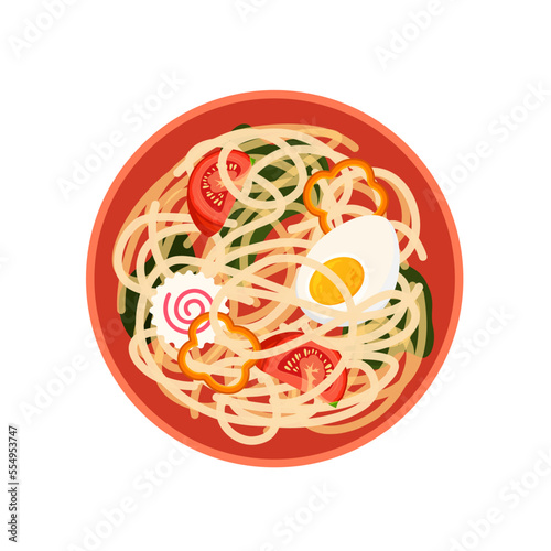 Oriental noodle top view. Traditional asian ramen soup with in red bowl. Korean and Japanese food. Chinese cuisine. Vector illustration in trendy flat style isolated on white background.