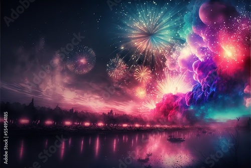 New year background with fireworks and dark gliters, Happy new year theme background.