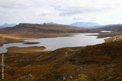 Panoramic view of the Fada and Leathan lochs (Storr lochs) with the Cuillin hills in the background (Isle of Skye, Scotland)