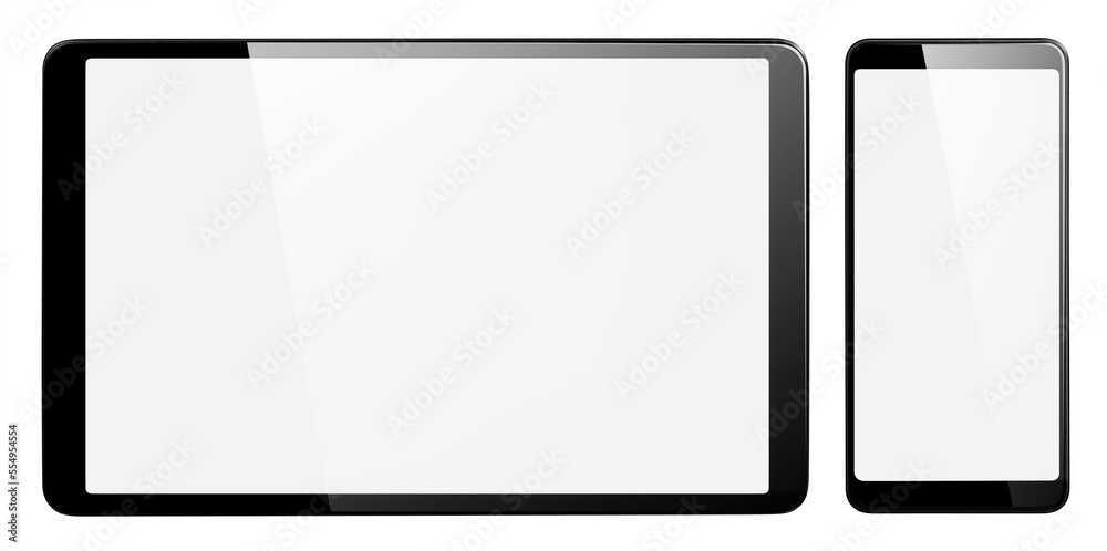 Blank black tablet and phone, isolated on white background Blank black tablet and phone, isolated on white background