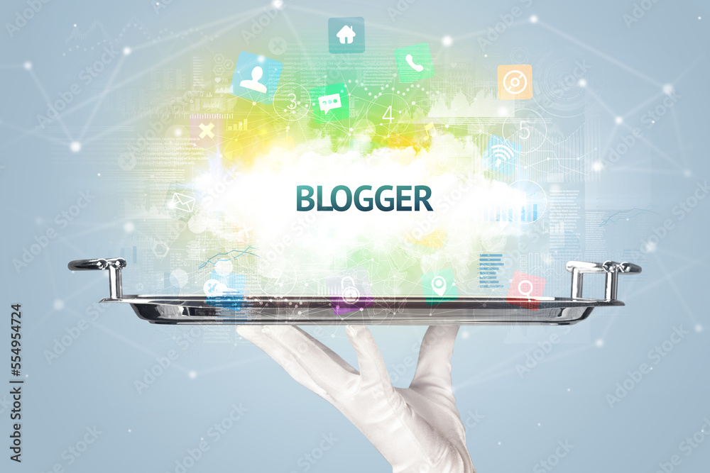 Waiter serving social networking concept Waiter serving social networking concept