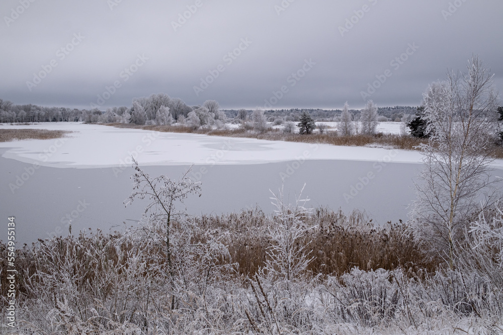 Anes karjers pond near Jelgava town in Latvia. Freezing overcast winter day. snow and ice covered water surface,frost covered trees and reeds Anes karjers pond near Jelgava town in Latvia. Freezing overcast winter day. snow and ice covered water surface,frost covered trees and reeds