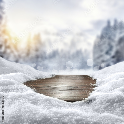Desk of free space and winter landscape.  © magdal3na