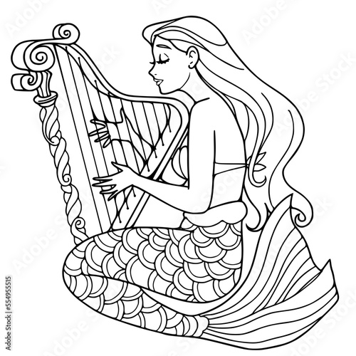 Mermaid playing music with her lyre.harp,cartoon vector illustration isolated on white background,coloring book or page