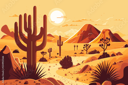 sand desert landscape in sunset with cactus and mountains flat color vector