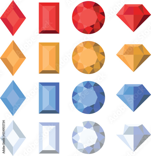 Set of multi-colored gems of various shapes isolated on white background
