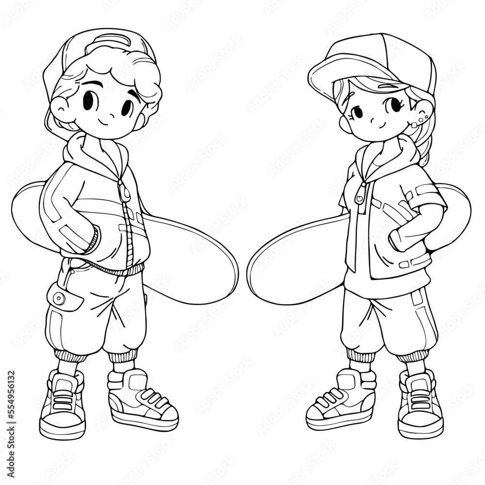 Obraz premium Kids holding skateboard coloring book pages vector illustration isolated on white background.