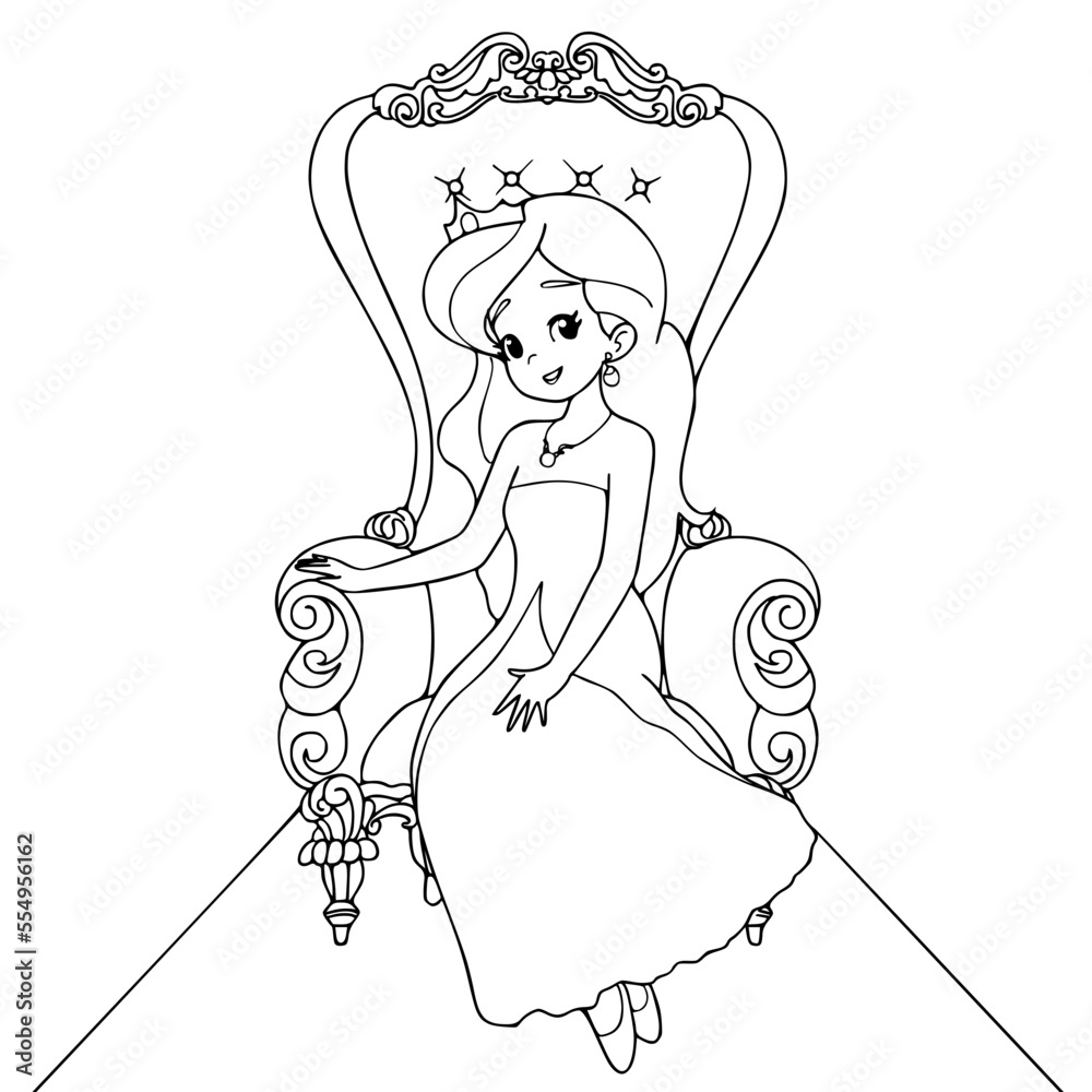 Vector illustration, a beautiful queen in the palace sits on a throne, coloring book Vector illustration, a beautiful queen in the palace sits on a throne, coloring book