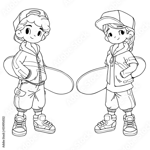 Kids holding skateboard coloring book pages vector illustration isolated on white background.