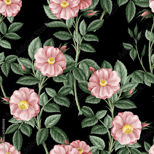 Seamless pattern with small pink roses. Vector.