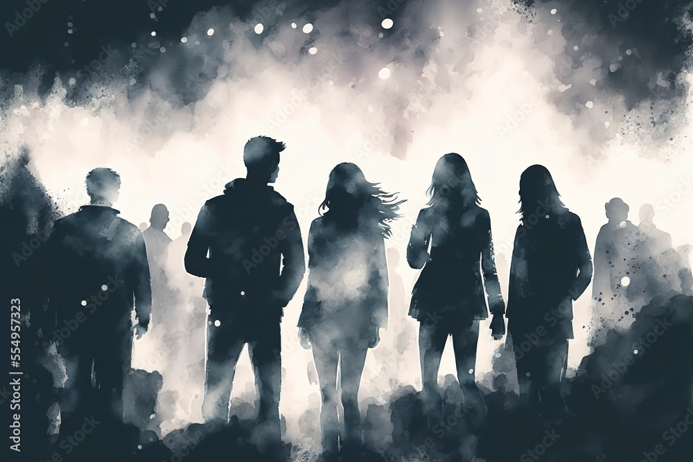 silhouettes of people at a night party, generative ai illustration of a grey abstract background with women and men among the smoke and spotlights