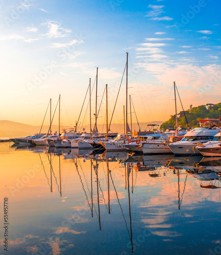 Marina with docked yachts at sunrise in Tarabya, Turkey